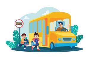 los estudiantes van a la escuela por concepto de ilustración de autobús escolar sobre fondo blanco vector