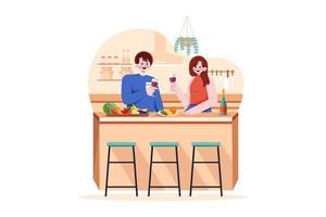 Couple holding wineglasses in hands stand at kitchen desk with fruits vector