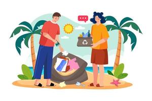 Couple collecting waste from the beach Illustration concept on white background vector