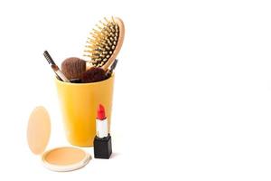 Cosmetics set for makeup on a white background. Free space for text. photo