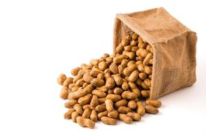 Peanuts in burlap bag on white background. photo