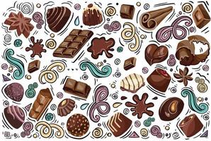 Seamless pattern with chocolates, chunks of chocolate, candies in colored wrappers on blue background. illustration of a dessert in a flat cartoon style. vector