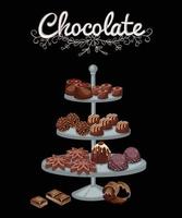 conjunto de deliciosos dulces de chocolate negro y con leche hechos a mano sobre fondo marrón. vista lateral, primer plano. vector