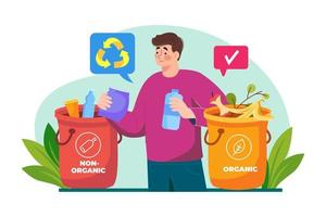 Man Sorting organic and non-organic waste Illustration concept on white background vector