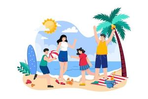 concepto de ilustración de vacaciones familiares en la playa sobre fondo blanco vector