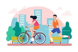 Couple jogging and cycling in the park vector