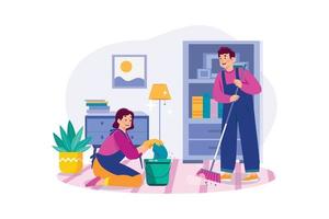 Cleaning worker with bucket and broom vector