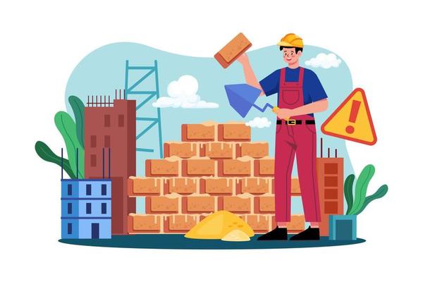 Construction workers building the wall