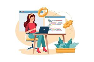 Woman programming on a laptop vector