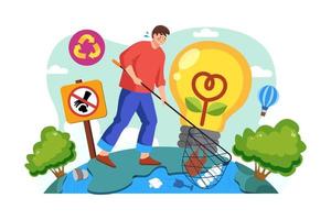 Man with a net catches floating plastic from the river Illustration concept on white background vector