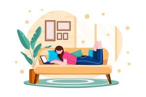 Man Laying on the couch and doing work on a laptop Illustration concept on white background vector