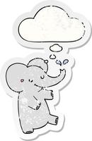 cartoon dancing elephant and thought bubble as a distressed worn sticker vector