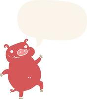 cartoon dancing pig and speech bubble in retro style vector