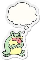 grumpy cartoon frog and thought bubble as a printed sticker vector