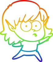 rainbow gradient line drawing cartoon elf girl staring vector