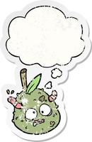 cartoon old pear and thought bubble as a distressed worn sticker vector