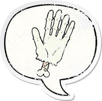 cartoon zombie hand and speech bubble distressed sticker vector