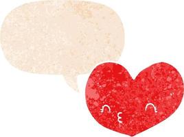 cartoon heart with face and speech bubble in retro textured style vector