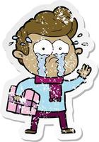 distressed sticker of a cartoon crying man with present vector