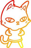 dibujo de línea de gradiente cálido gato de dibujos animados mirando fijamente vector