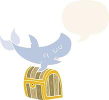 cartoon shark swimming over treasure chest and speech bubble in retro style vector