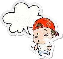 cartoon cool kid and speech bubble distressed sticker vector