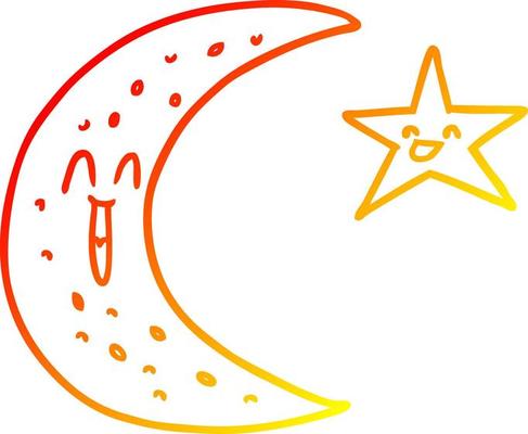 warm gradient line drawing happy cartoon moon and star
