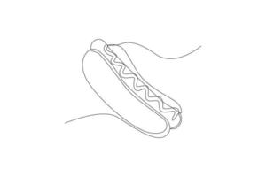 Single one line drawing Hot dog with ketchup and mustard. World food day concept. Continuous line draw design graphic vector illustration.