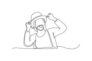 Continuous one line drawing happy woman hold hat on head showing smile. World smile day concept. Single line draw design vector graphic illustration.