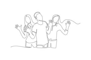 Continuous one line drawing happy people group with hands up standing together.. World smile day concept. Single line draw design vector graphic illustration.