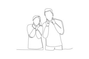 Continuous one line drawing young couple wearing casual clothes, fingers pointing and forcing cheerful smile. World smile day concept. Single line draw design vector graphic illustration.