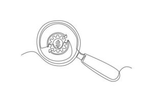 Single one line drawing magnifying glass for zooming dollar symbol. Financial technology concept. Continuous line draw design graphic vector illustration.