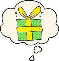 cartoon wrapped gift and thought bubble in comic book style vector