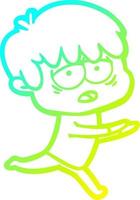 cold gradient line drawing cartoon exhausted boy vector