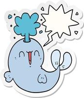 cartoon whale spouting water and speech bubble sticker vector