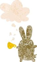 cute cartoon rabbit drinking coffee and thought bubble in retro textured style vector