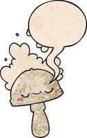 cartoon mushroom and spoor cloud and speech bubble in retro texture style vector