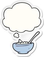 cartoon bowl of rice and thought bubble as a printed sticker vector