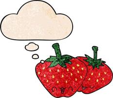 cartoon strawberries and thought bubble in grunge texture pattern style vector