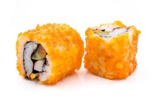 Sushi, japanese food, california rolls on white background. photo