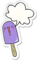 cartoon happy ice lolly and speech bubble sticker vector