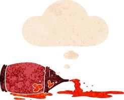 cartoon spilled ketchup bottle and thought bubble in retro textured style vector