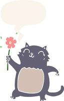 cartoon cat and flower and speech bubble in retro style vector