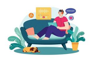 Man listening to the podcast while sitting on a couch Illustration concept. Flat illustration isolated on white background vector