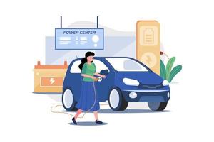 mujer carga un coche eléctrico en el centro de energía vector