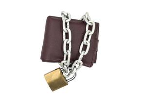 Wallet with chain and padlock isolated on white background photo