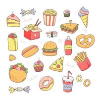 conjunto de elementos de comida rápida en un lindo estilo de garabato kawaii. ilustración de comida chatarra aislada vectorial. vector