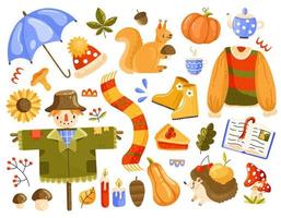 A set of autumn elements. Autumn clip art in cartoon style. Vector isolated illustration.