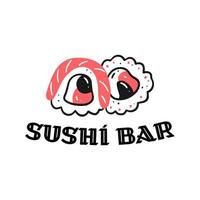 Two sushi rolls with the inscription sushi bar. Concept logo of sushi bar, Asian fast food. Vector isolated Japanese food illustration.