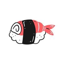 Sushi with shrimp in doodle style. Vector isolated illustration of Japanese cuisine.